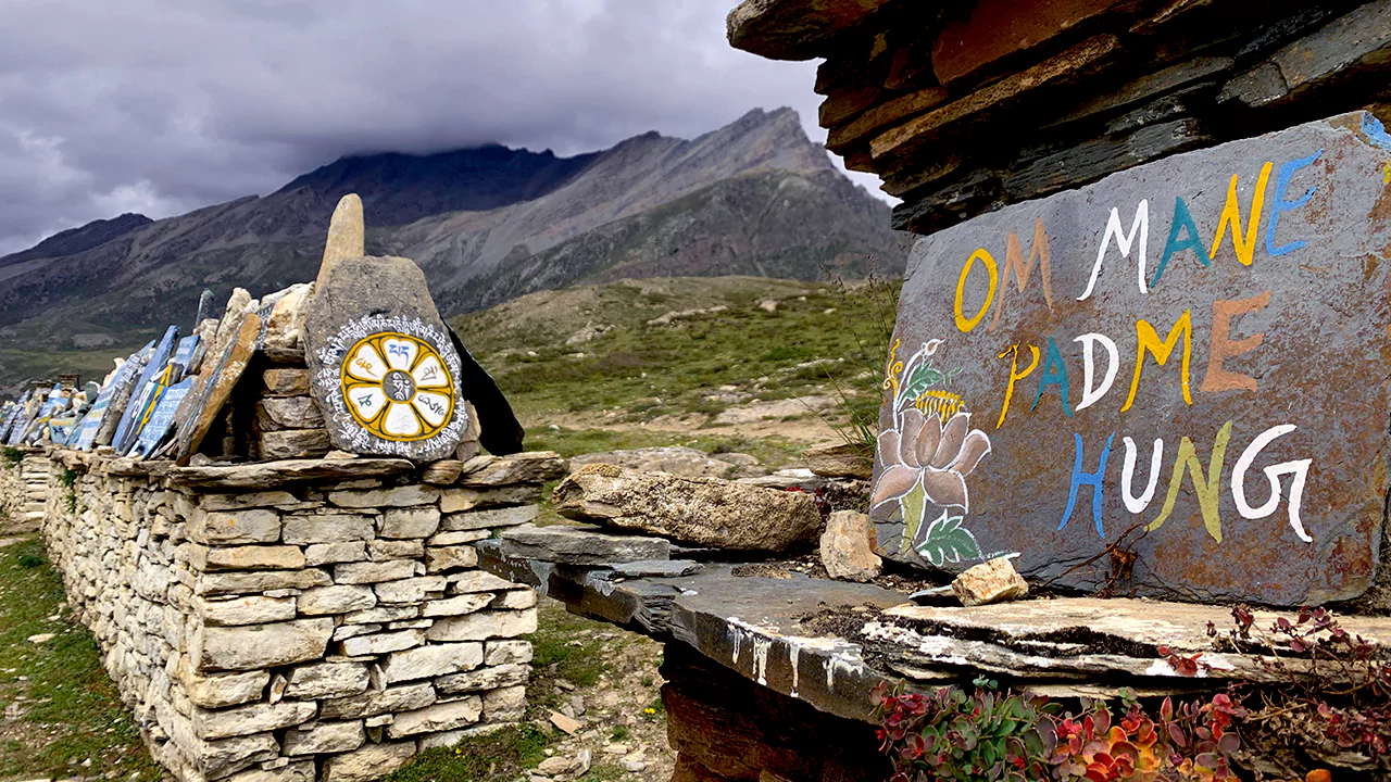 A mani wall on the Nar Phu Yoga Trek