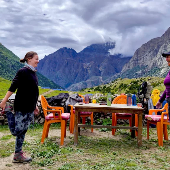 Two women stretching on the Nar Phu Yoga Trek