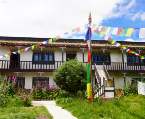 A beautiful Tea house with flowers in bloom and a prayer flag during the monsoon in the Upper Mustang Trek
