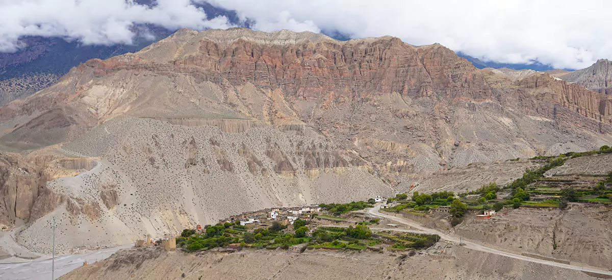 Tangbe village, along with Grey Cliff, as seen on the 2nd day of the Upper Mustang Trek