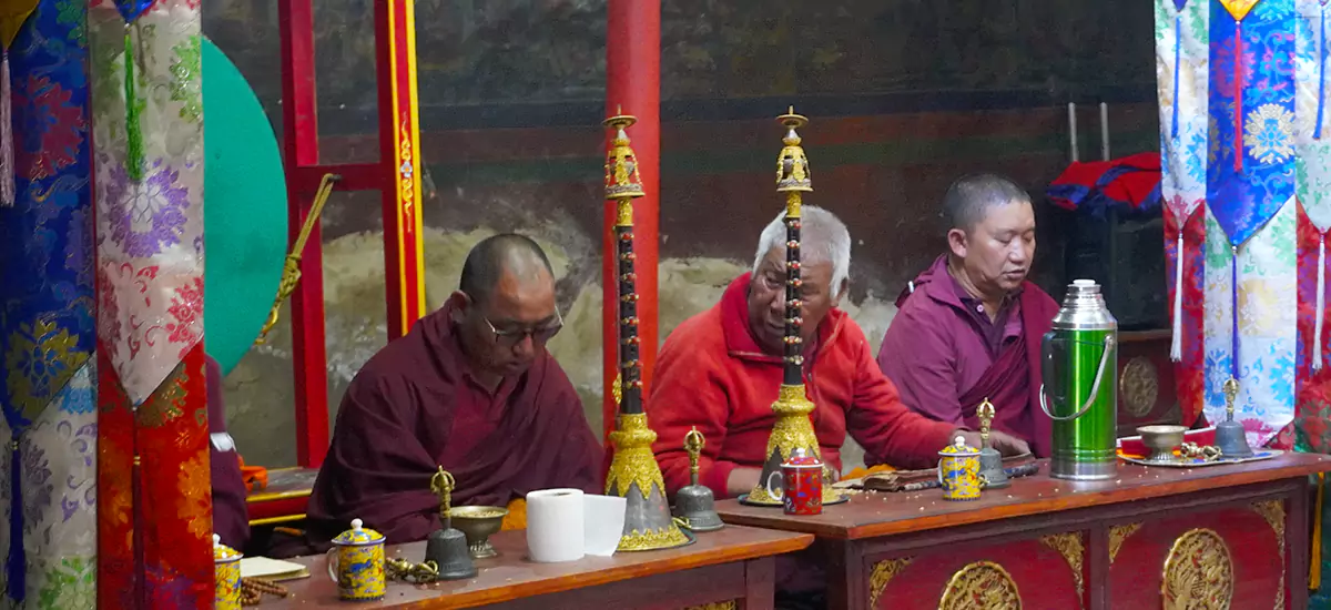 Monks chanting in the Monastery of Ghami Village in the Upper Mustang Trek