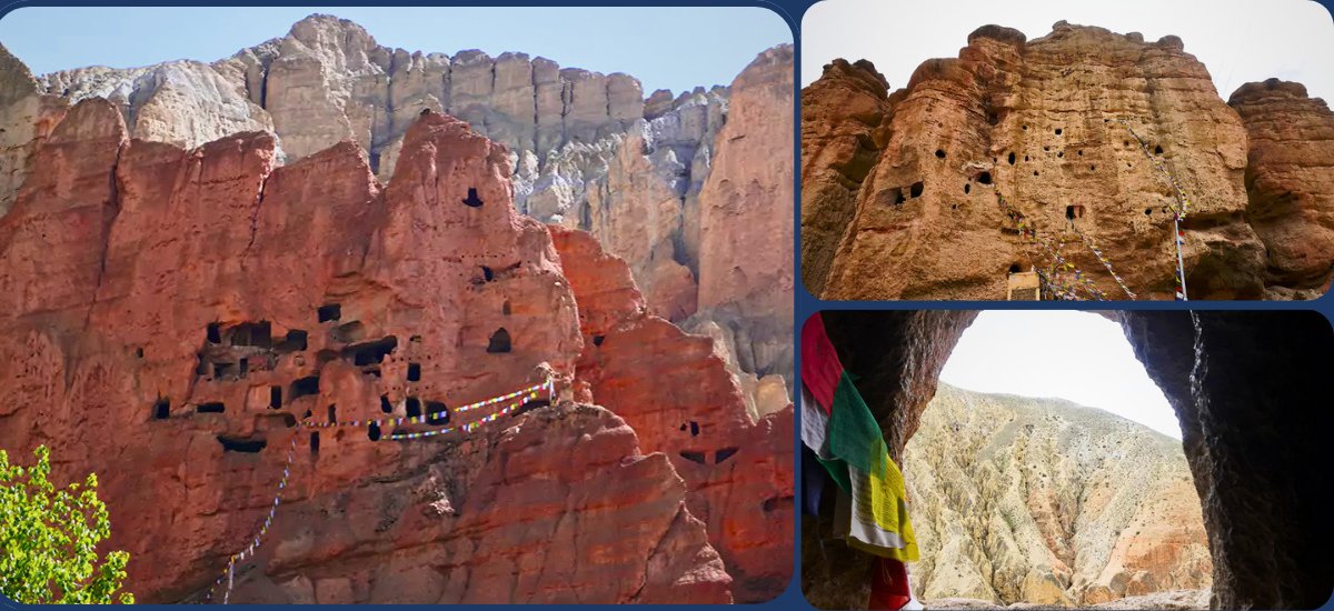 Unique sky caves carved in the cliffs in Upper Mustang