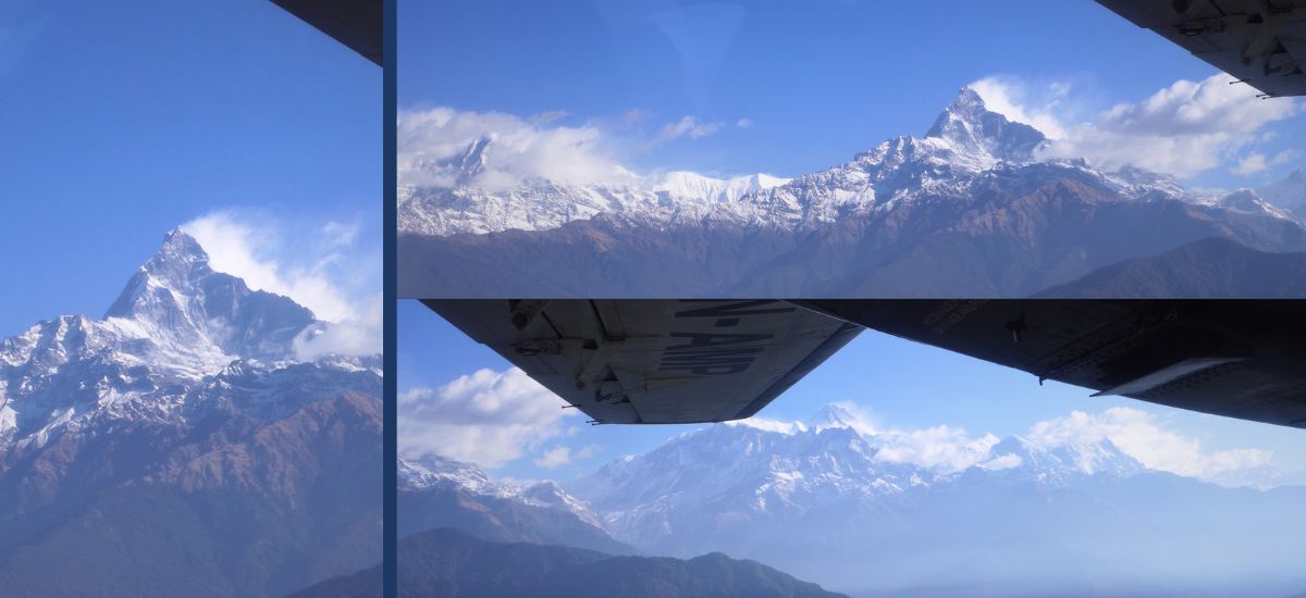 A glimpse of Machhapuchhre and Annapurna as seen from the flight to Jomsom during the Upper Mustang Trek